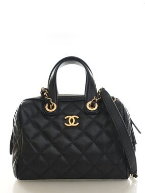 CHANEL 2024 Quilted Caviar Skin Leather Bowling Bag Satchel with Gold Hardware!